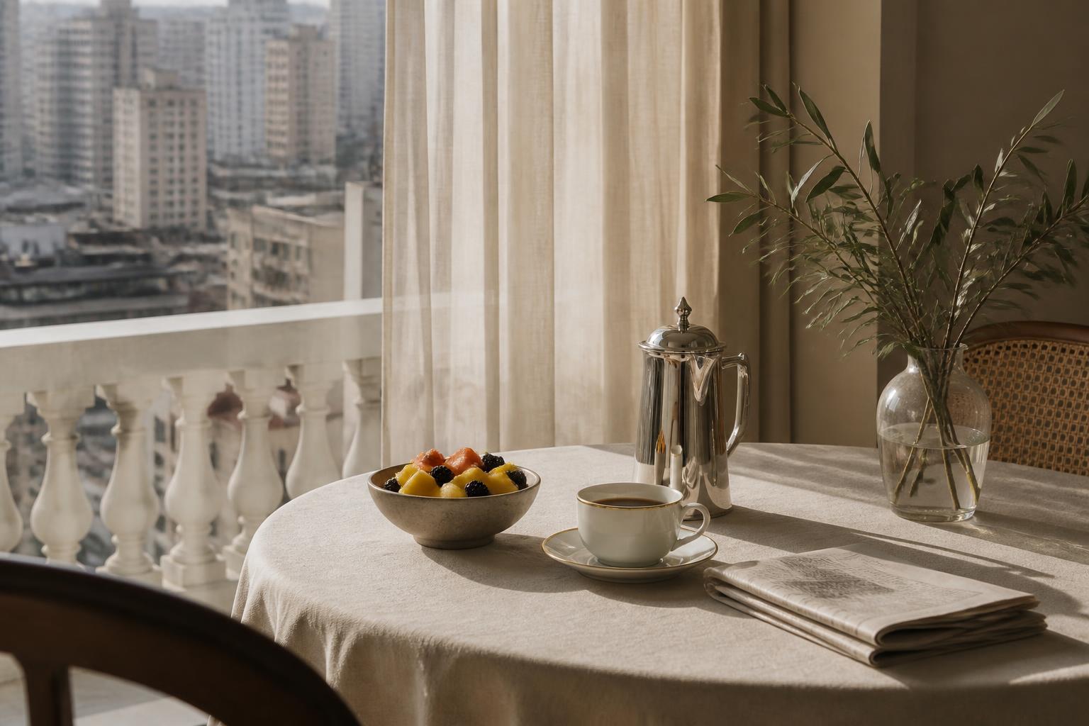 Mesa editorial com café, fruta e jornal — vida residencial em São Paulo.