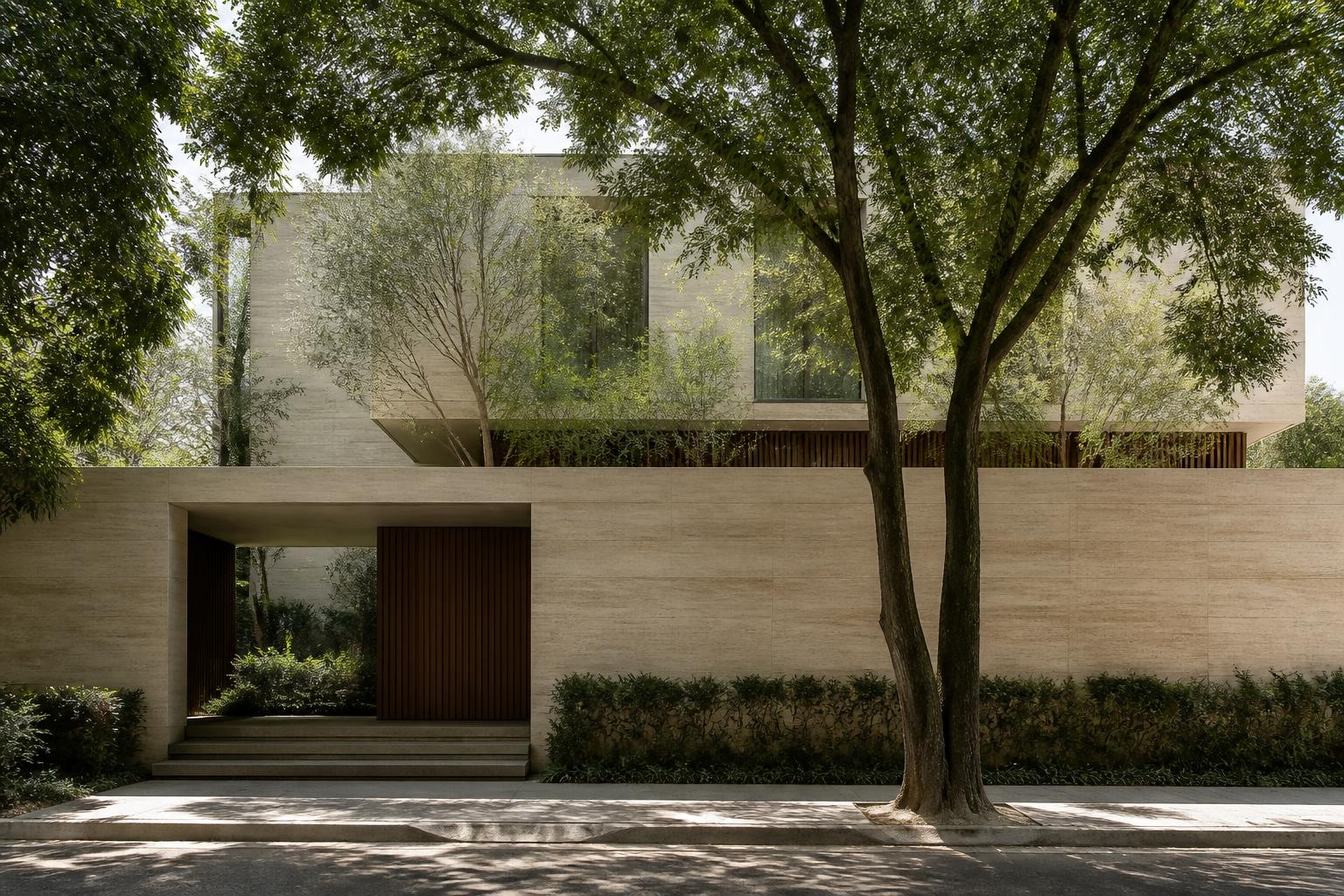 Fachada residencial discreta em arquitetura contemporânea, São Paulo.